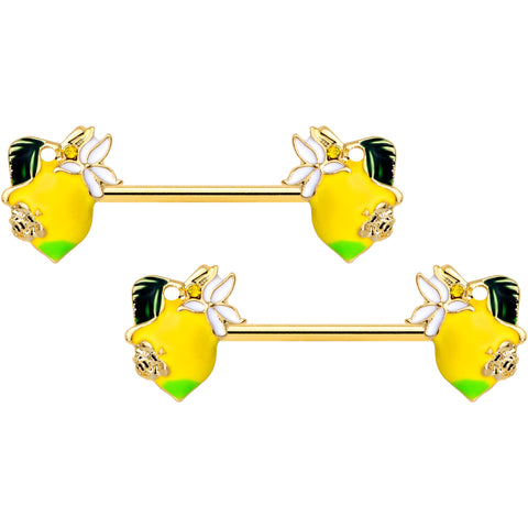 14G 9/16 Gold Tone Lemon Bee Barbell Nipple Ring Set