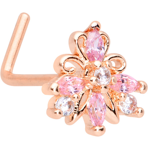 20G 1/4 Pink CZ Gem Rose Gold Tone Looping L Shape Nose Ring