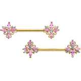14G 9/16 Pink CZ Gem Gold Tone Pretty Barbell Nipple Ring Set