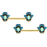 14G 9/16 Gold Tone Aqua Ornate Hamsa Hand Barbell Nipple Ring Set