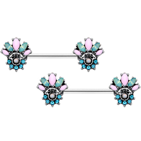 14G 9/16 Blue Green Pink Gem Fan Barbell Nipple Ring Set