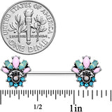 14G 9/16 Blue Green Pink Gem Fan Barbell Nipple Ring Set