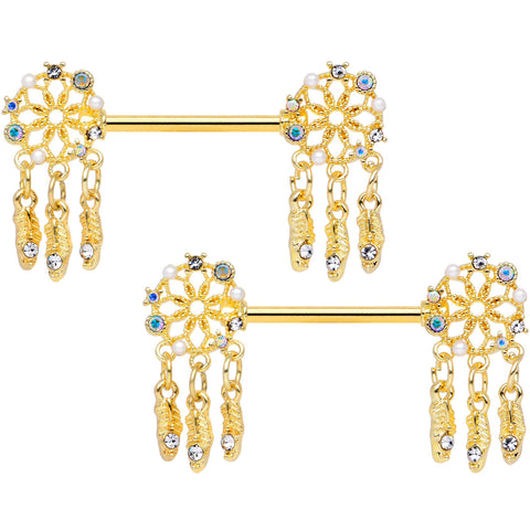 14G 5/8 Aurora CZ Gem Gold Tone Dreamcatcher Barbell Nipple Ring Set