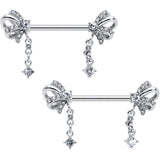 14G 9/16 Clear Gem Looping Bow Dangle Barbell Nipple Ring Set