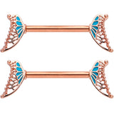 14G 9/16 Rose Gold Tone Blue Butterfly Wing Nipple Ring Set