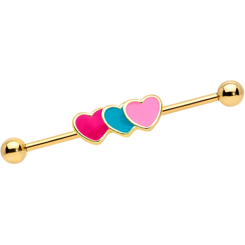 14G Gold Tone Triple Heart Industrial Barbell 38mm