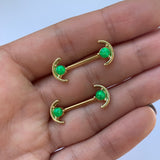 14G 9/16 Green Faux Opal Gold Tone Curve Barbell Nipple Ring Set