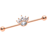 14G Clear Gem Rose Gold Tone Anodized Crown Industrial Barbell 38mm