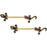 14G 5/8 Pink Aqua Gem Gold Tone Lizard Barbell Nipple Ring Set