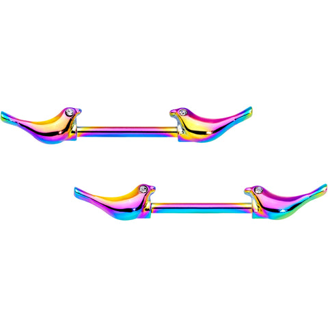 14G 9/16 Clear Gem Rainbow Bird Barbell Nipple Ring Set