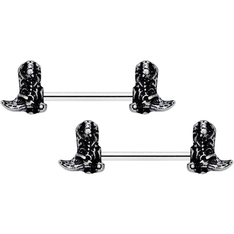 14G 9/16 Clear Gem Cowboy Boot Barbell Nipple Ring Set