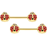 14G 9/16 Clear Red Gem Gold Tone Ladybug Barbell Nipple Ring Set
