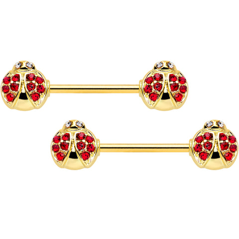14G 9/16 Clear Red Gem Gold Tone Ladybug Barbell Nipple Ring Set