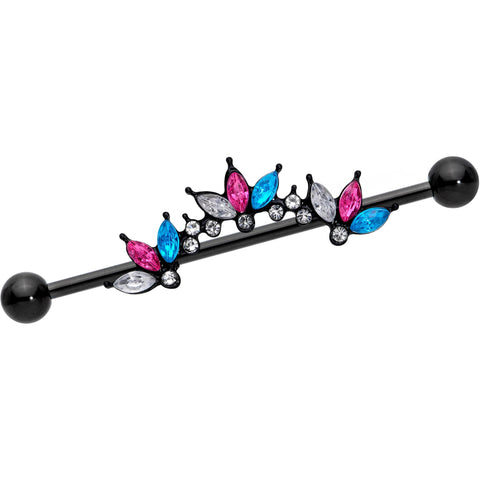 14G Clear Aqua Pink Accent Black Clusters Industrial Barbell 38mm