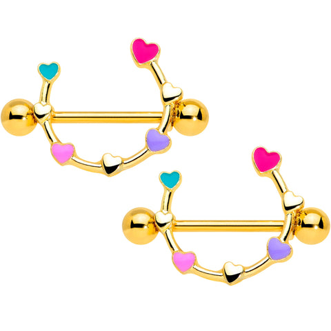 14G 9/16 Gold Tone Little Rainbow Hearts Nipple Shield Set