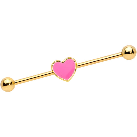 14G Gold Tone Pink Heart Industrial Barbell 38mm