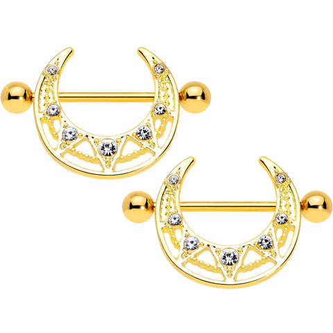 14G 5/8 Clear Gem Gold Tone Open Crescent Nipple Shield Set