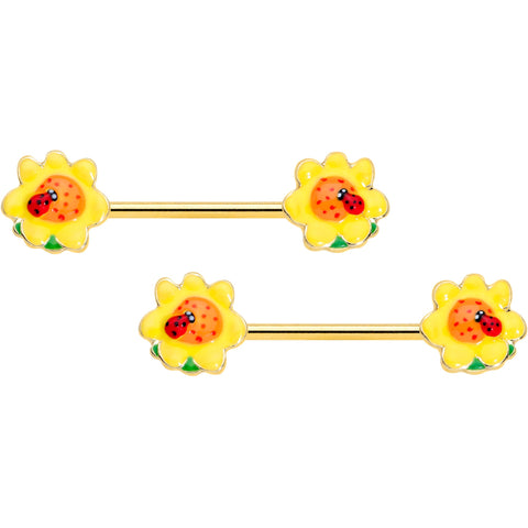 14G 5/8 Gold Tone Sunny Flower Ladybug Barbell Nipple Ring Set