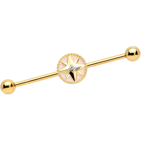 14G Clear Gem Gold Tone Sailors Compass Industrial Barbell 38mm