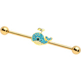 14G Aqua Gem Gold Tone What A Whale Industrial Barbell 38mm