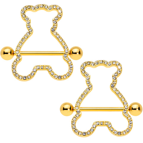 14G 5/8 Clear Gem Gold Tone Teddy Bear Nipple Shield Set