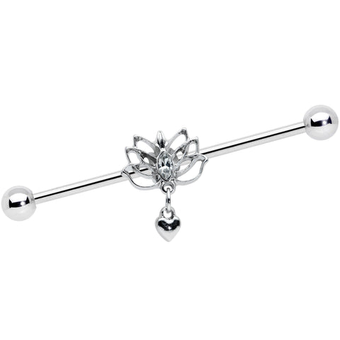 14G Clear Gem Lotus Flower Heart Dangle Industrial Barbell 38mm