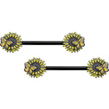 14G 5/8 Black Sunflower Butterfly Barbell Nipple Ring Set
