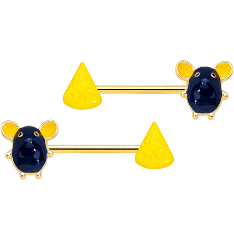 14G 9/16 Gold Tone Black Mouse Cheese Barbell Nipple Ring Set