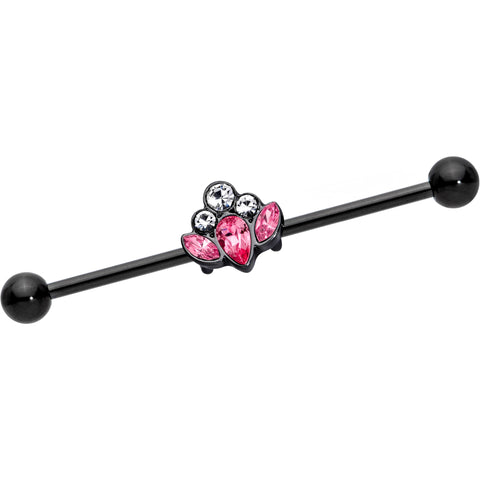 14G Clear Pink Gem Black Anodized Classic Cluster Industrial Barbell 38mm