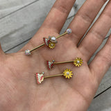 14G 5/8 Aurora Gem Gold Tone Butterfly Flower Barbell Nipple Ring Set