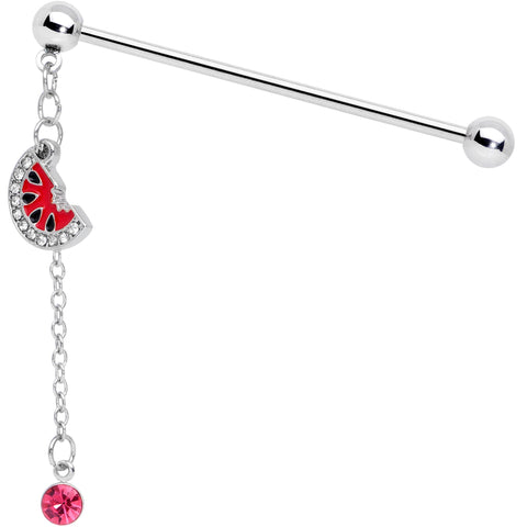 14G Clear Pink Gem Watermelon Chain Dangle Industrial Barbell 38mm