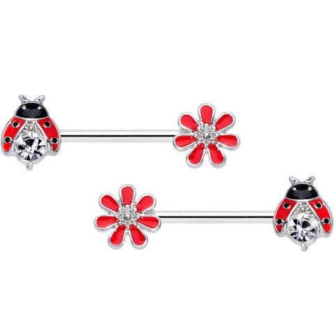 14G 9/16 Clear Gem Red Ladybug Flower Barbell Nipple Ring Set