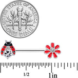 14G 9/16 Clear Gem Red Ladybug Flower Barbell Nipple Ring Set