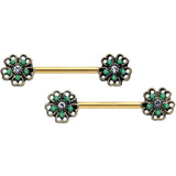 14G 9/16 Gold Tone Green Flower St Patricks Day Nipple Ring Set