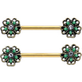 14G 9/16 Gold Tone Green Flower St Patricks Day Nipple Ring Set