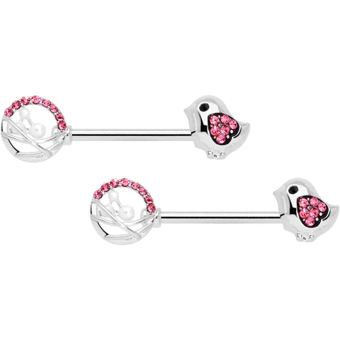 14G 9/16 Pink Gem Basket Chick Barbell Nipple Ring Set