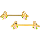 14G 9/16 Gold Tone Bird Pink Flower Barbell Nipple Ring Set
