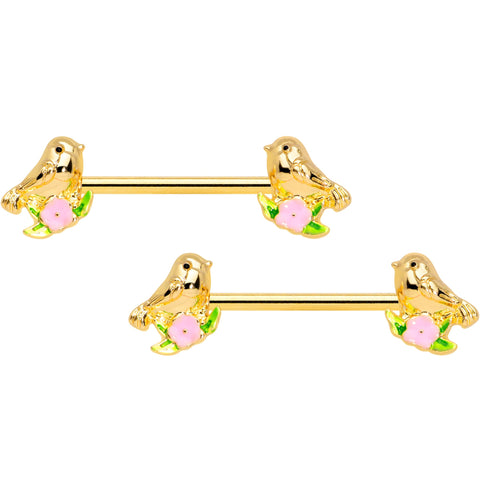 14G 9/16 Gold Tone Bird Pink Flower Barbell Nipple Ring Set