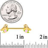 14G 9/16 Gold Tone Bird Pink Flower Barbell Nipple Ring Set