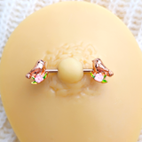 14G 9/16 Rose Gold Tone Bird Pink Flower Barbell Nipple Ring Set