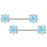 14G 5/8 Aqua CZ Gem Star Burst Barbell Nipple Ring Set