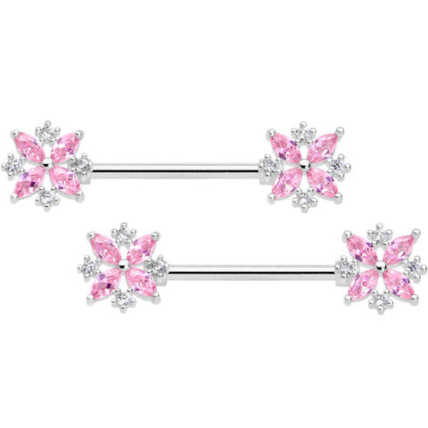 14G 5/8 Pink CZ Gem Star Burst Barbell Nipple Ring Set