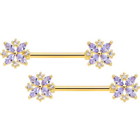 14G 5/8 Purple CZ Gem Gold Tone Star Burst Nipple Ring Set