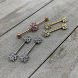14G 5/8 Purple CZ Gem Gold Tone Star Burst Nipple Ring Set