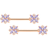 14G 5/8 Purple CZ Gem Rose Gold Tone Star Burst Nipple Ring Set
