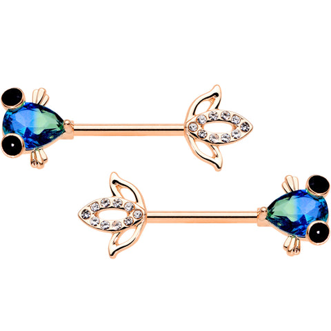 14G 9/16 Aqua Gem Rose Gold Tone Fish Barbell Nipple Ring Set