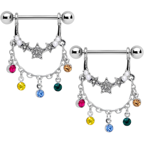 14G 9/16 Multicolor Gem Star Dangle Nipple Ring Set