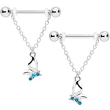 14G 5/8 Aqua Gem Hollow Butterfly Chain Dangle Nipple Ring Set
