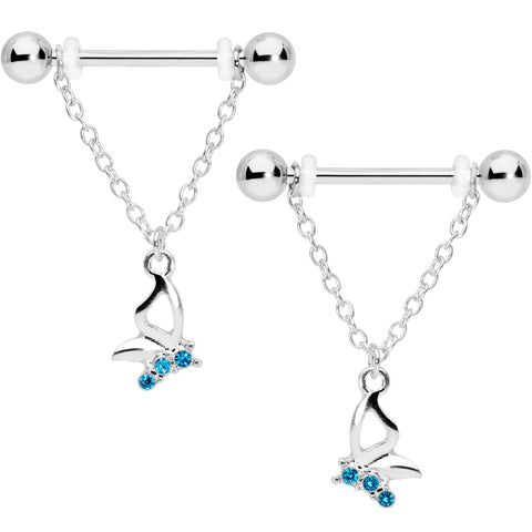 14G 5/8 Aqua Gem Hollow Butterfly Chain Dangle Nipple Ring Set