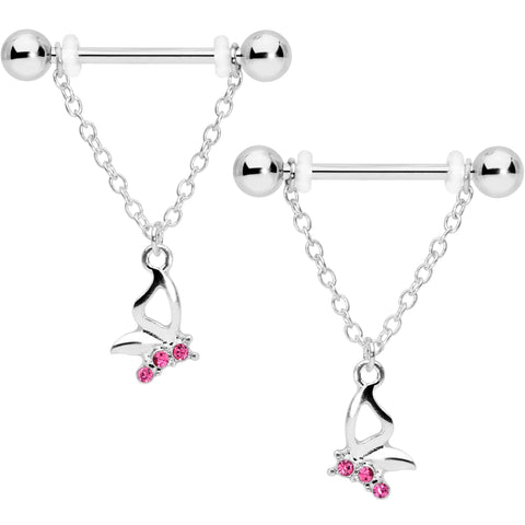 14G 5/8 Pink Gem Butterfly Dangle Nipple Ring Set